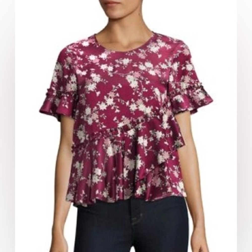 CINQ À SEPT Hydra Floral-print Peplum 100% Silk Top In Berry Multi Ruffle blouse